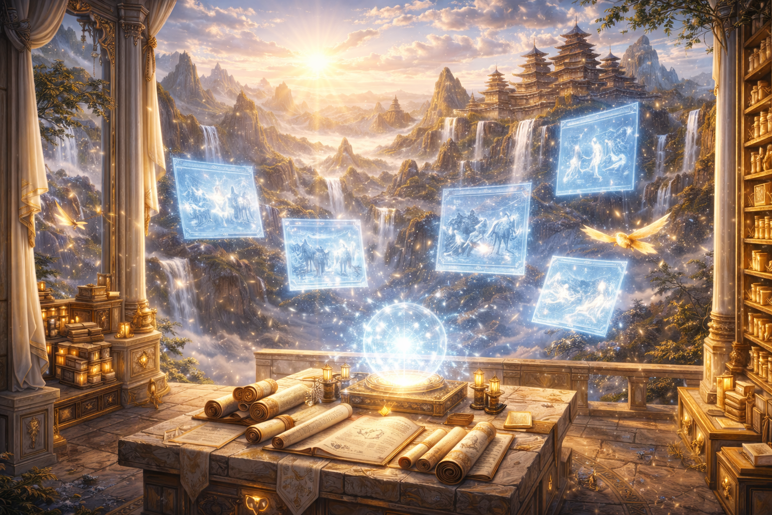 Scrolls and lanterns on a desk